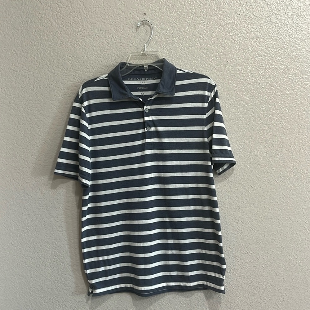 Banana Republic Blue White Striped Polo Shirt Short Sleeve Mens Size Medium